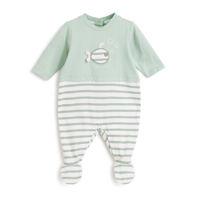 Boys Light Green Striped Leg Opening Babysuit